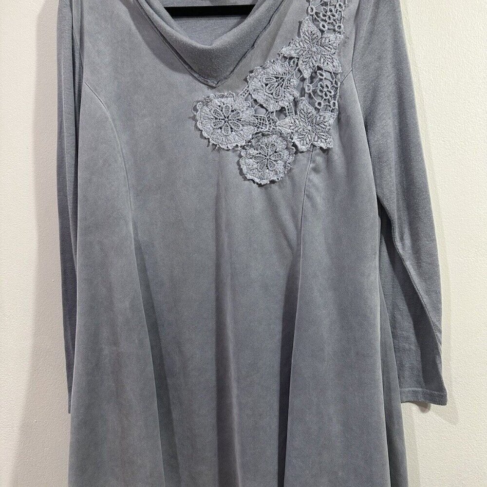 Feratelli Women's Boho Art Top Gray Long Sleeve Tunic Style Lace Crochet SZ M - Picture 14 of 16